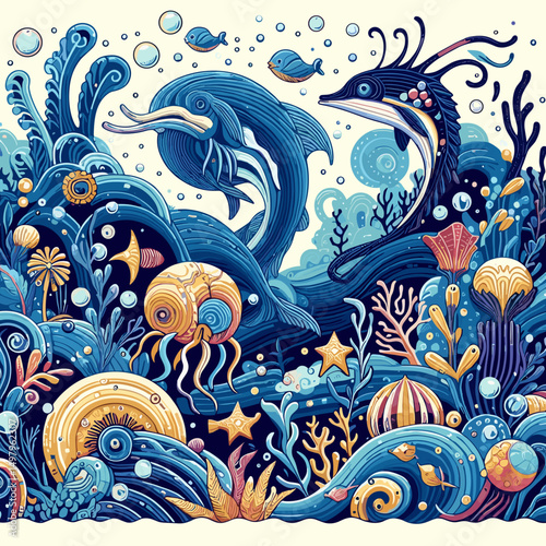 Vibrant underwater scene featuring dolphins, jellyfish, and colorful coral reefs in an artistic illustration