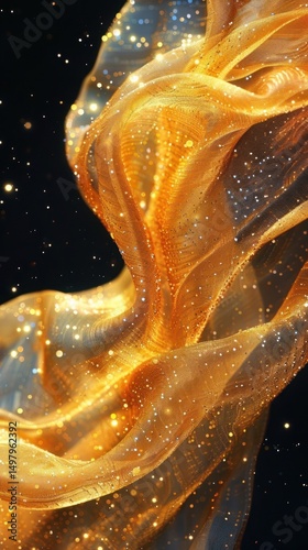 Golden fabric flowing against a dark background with glittering particles