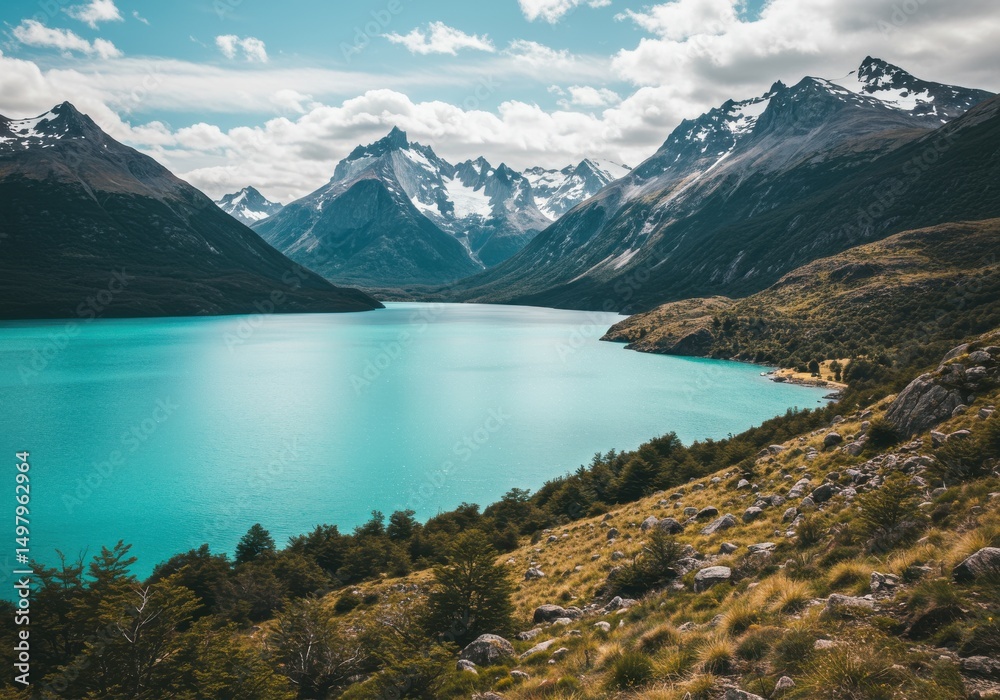 Obraz premium Picturesque turquoise lake surrounded by mountains and green vegetation