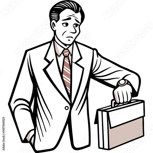 Worried businessman holding briefcase in a corporate setting