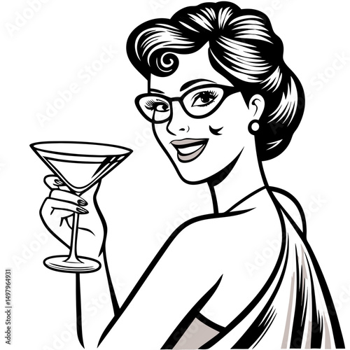 Smiling woman holding a martini glass in a retro style