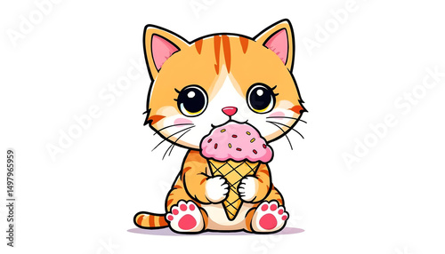 an illustration a cat with ice cream on white background