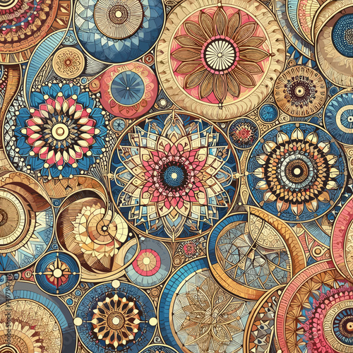 Intricate mandala pattern featuring colorful circular designs and floral motifs in a harmonious arrangement