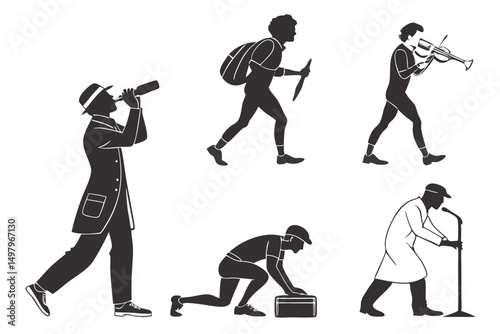 Black vector silhouettes of people dancing, including men, women, and children, illustrate evolution and fun