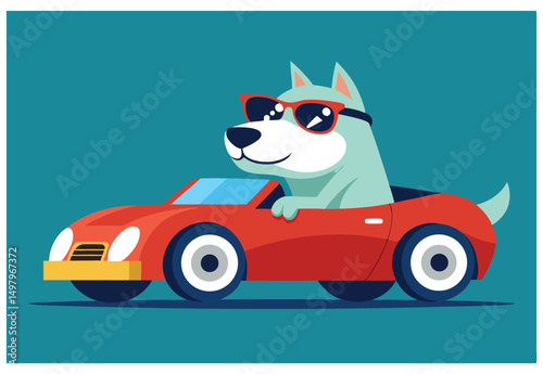A cool bully dog driving car cartoon flat vector illustration.