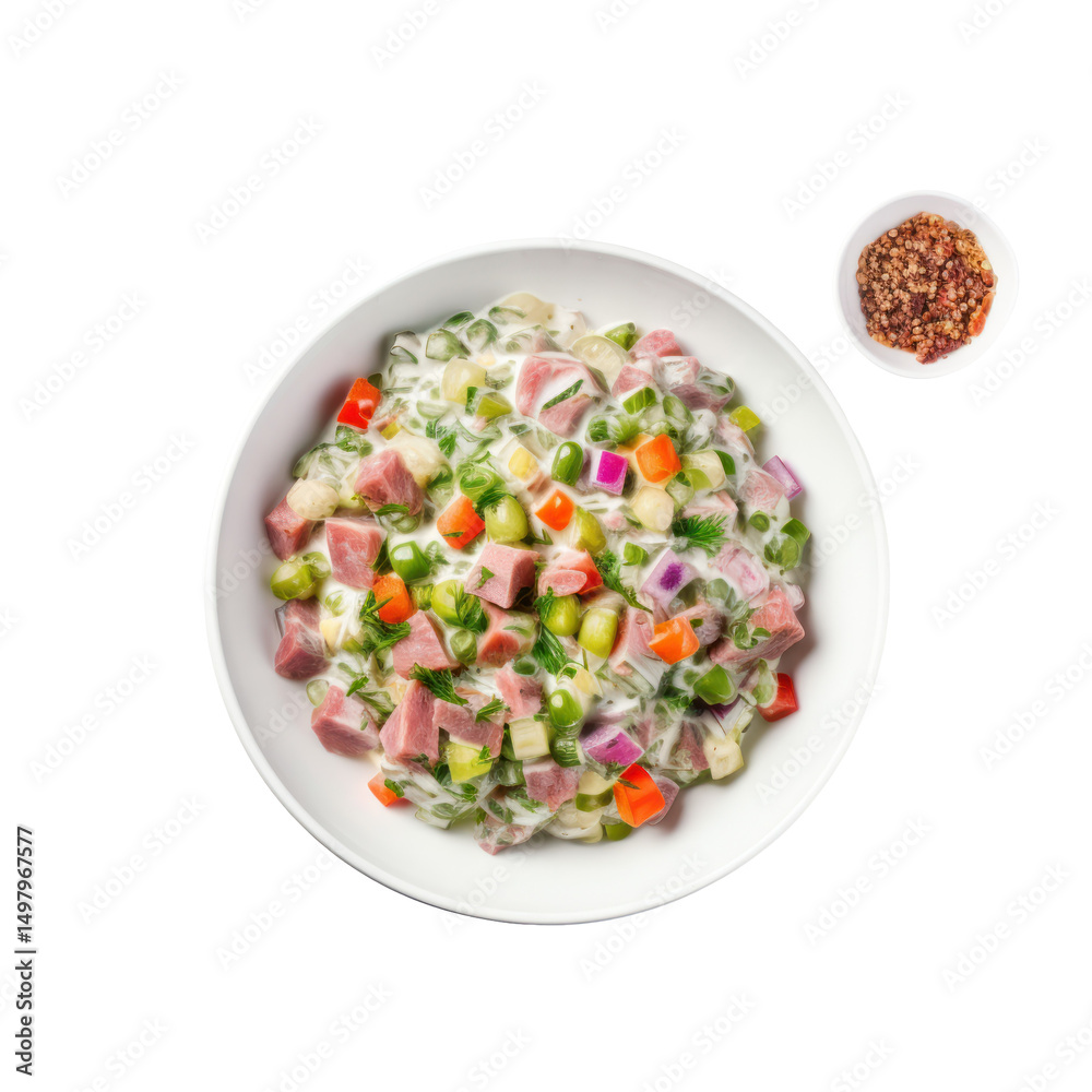 Bowl of Russian Salad Olivier with Meat and Vegetables on Transparent Background
Bowl of Russian Salad Olivier with Meat and Vegetables on Transparent Background
