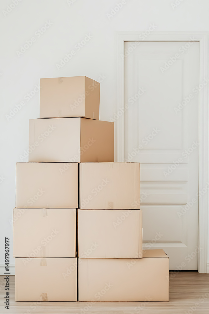 Stacked moving boxes on a wooden floor against a white wall with a door. Relocation and new beginnings concept. Home storage. Stacked moving boxes on a wooden floor against a white wall with a door. Relocation and new beginnings concept. Home storage.