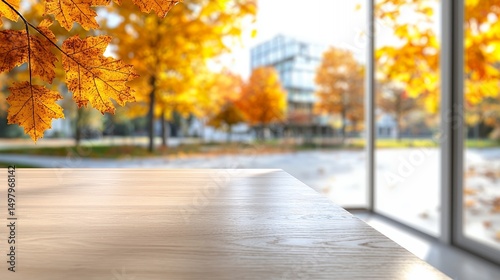 Wooden Table with Autumn Tree and Building View