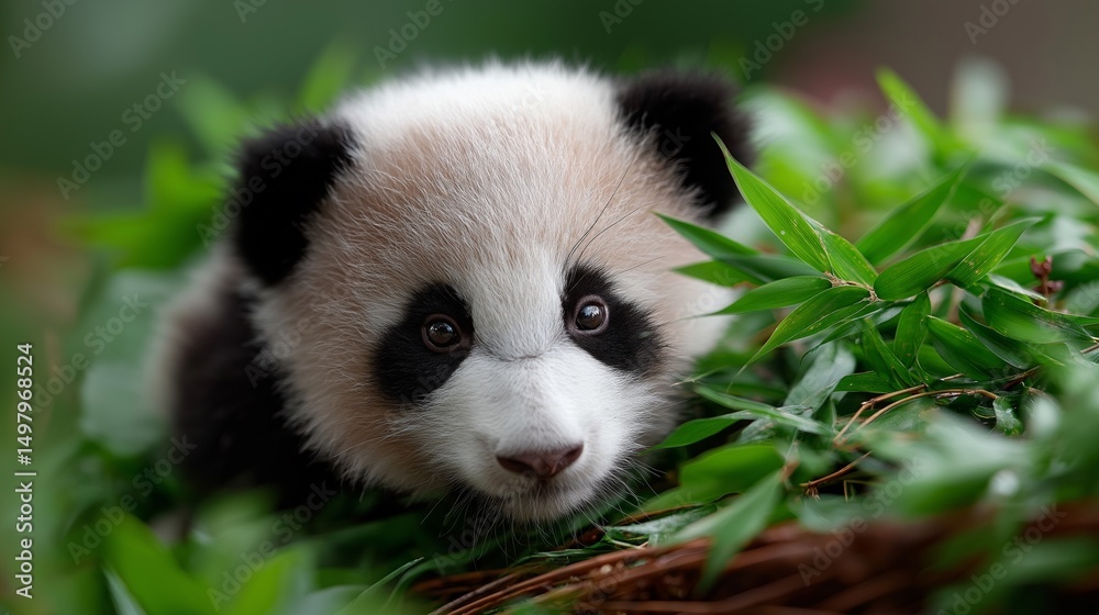 Naklejka premium Adorable panda cub nestled in lush green bamboo.