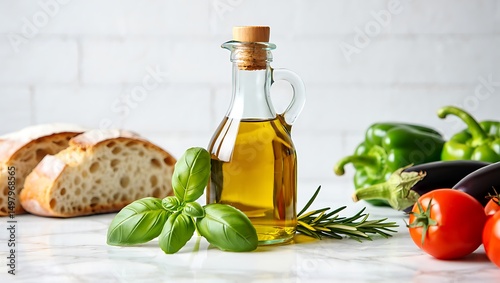 Fresh olive oil bottle with bread, basil, and variety of fresh vegetables for cooking