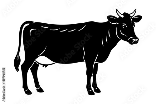 black silhouette of a cow on white or transparent png background