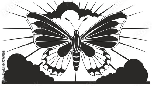 Butterfly Silhouette with Sun and Clouds