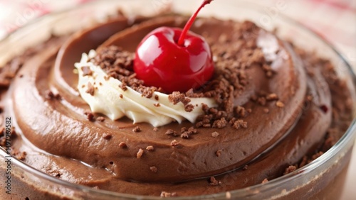 A close-up view of decadent chocolate mousse topped with whipped cream and a cherry, showcasing the creamy texture and rich chocolate flavor.