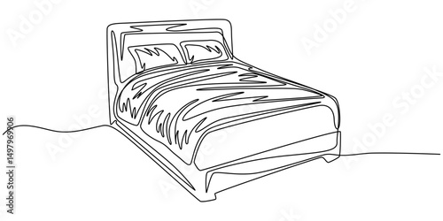 Double bed with the pillows in continuous one line drawing design. Minimalist single line draw of bedroom furniture, Bed in continuous line art drawing style. Double-size bed with bedding.
