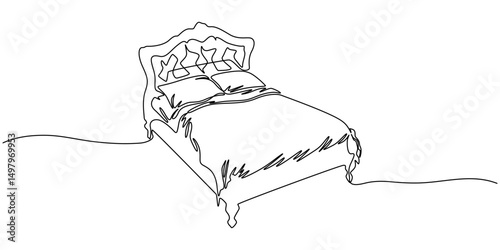 Double bed with the pillows in continuous one line drawing design. Minimalist single line draw of bedroom furniture, Bed in continuous line art drawing style. Double-size bed with bedding.