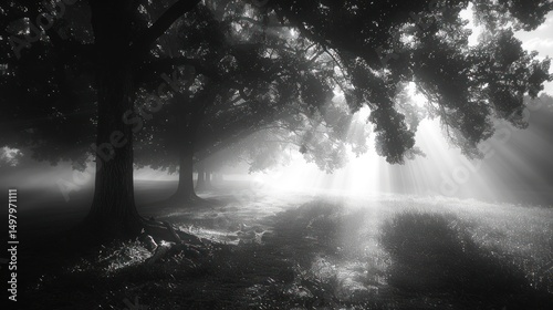 Misty morning sunbeams through trees in park