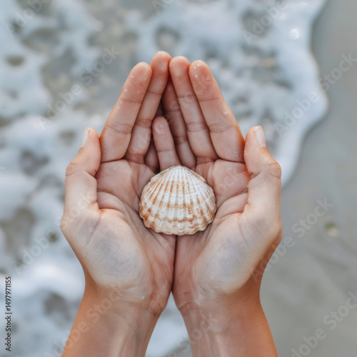 Hands holding seashell with ocean waves in background
