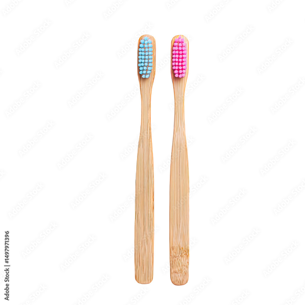 Two bamboo toothbrushes with pastel-colored bristles stand upright against a black background, showcasing their eco-friendly design