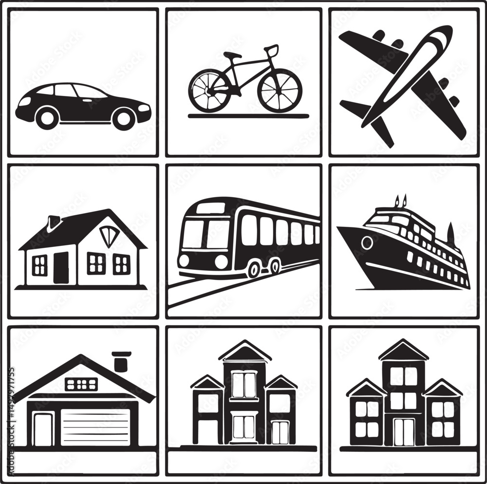 Fototapeta premium Transport and Housing Icons Collection – Car, Bicycle, Airplane, Home, Train, Ship, and Buildings in Grid Layout