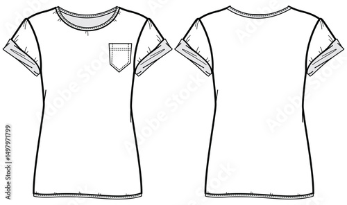 Women's Short sleeve Crew neck T Shirt flat sketch fashion illustration drawing template mock up with front and back view