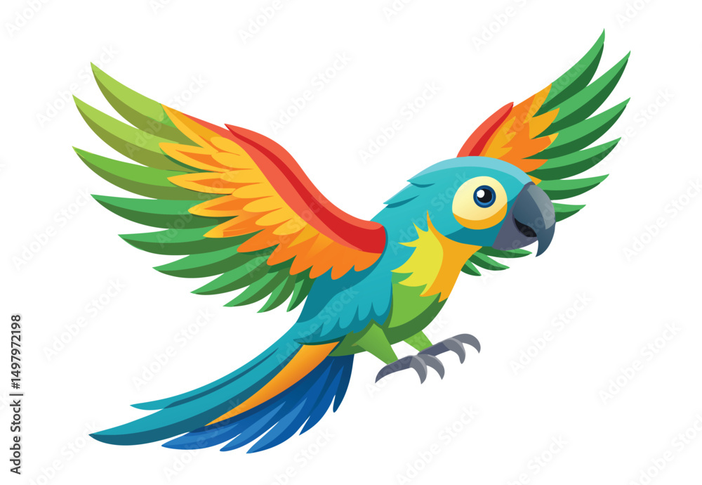 Fototapeta premium Flying parrot cartoon vector illustration. vintage parrot wildlife bird. 