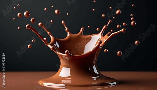 Chocolate Splash: A dramatic close-up of rich, dark chocolate splashing and creating an artistic crown-shaped explosion.