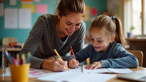 Wallpaper Mural Mother and daughter enjoy creative time together while drawing and learning at home in a bright and cheerful atmosphere Torontodigital.ca