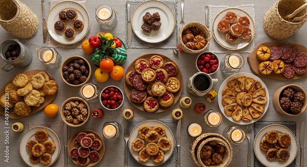 Fototapeta premium Rustic flat lay of snacks and warm drinks for June Festival