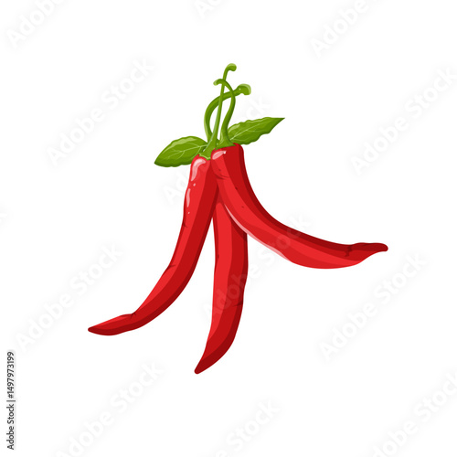 Illustration of red chili pepper with green leaves. Three chili peppers. Design element for emblem, sign, poster, menu, card. Spicy chili hot pepper icon.