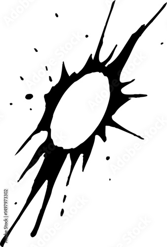 Exploded ink shape with sharp irregular strokes emanating from a clean hollow center circle.