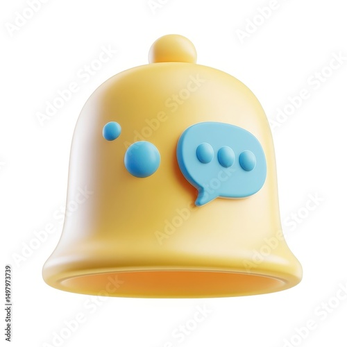 3d Cute yellow bell notification icon with message bubble isolated on white background