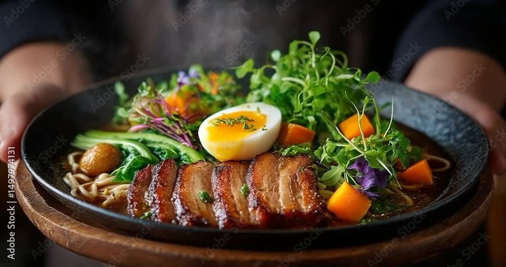 A close-up shot of a flavorful ramen bowl with pork belly, egg, and fresh greens.