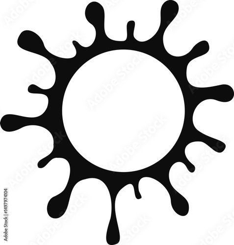 Broad ink explosion with dispersed splash lines emerging from a hollow center circle.