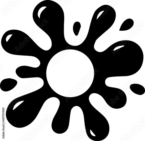 Ink blot shaped like a minimal flower with short rounded petals and a hollow circle in the middle.