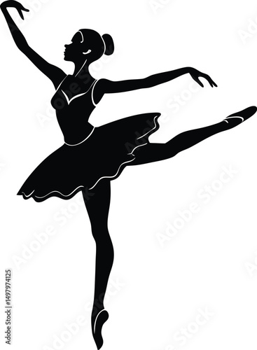 Silhouette of Graceful Ballet Dancer in Elegant Pose on White Background