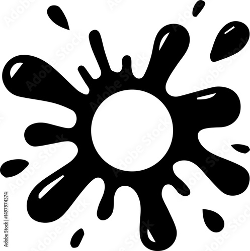 Compact ink flower with symmetrical petal forms surrounding a central hollow circle.