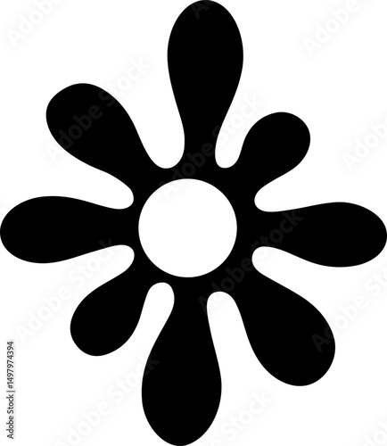 Rounded petal ink splotch with curved edges arranged around a central hollow area.