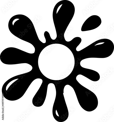 Small splash of ink shaped like a petal surrounding a central hollow circle.