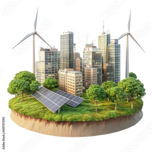 Eco friendly cityscape with wind turbines and solar panels isolated on white background