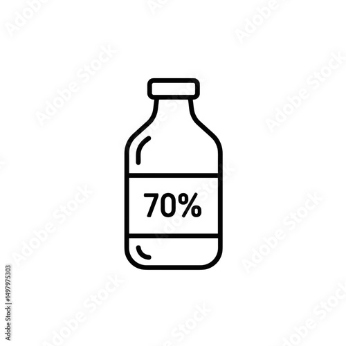 Line art bottle labeled 70 percent on white background. Black and white minimalistic line icon, editable SVG.