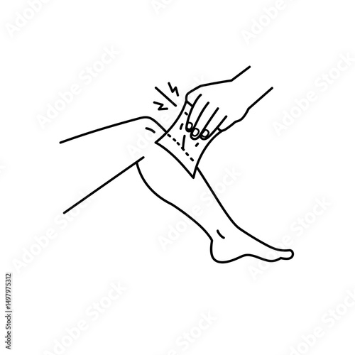 Hand pulling waxing strip from leg for hair removal. Black and white minimalistic line icon, editable SVG.
