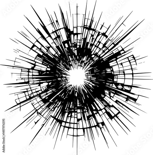 Broken glass effect with radial cracks radiating in all directions