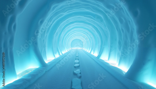 Ice Tunnel in Futuristic Style with Cool Blue Colors Representing a Frozen Environment Against a Surreal Background