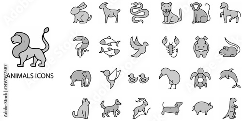 Animals simple concept 24 hand drawn grew color icons set .Vector illustration.