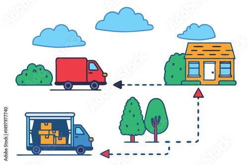 Vector illustration of moving day delivery trucks traveling to and from a house
