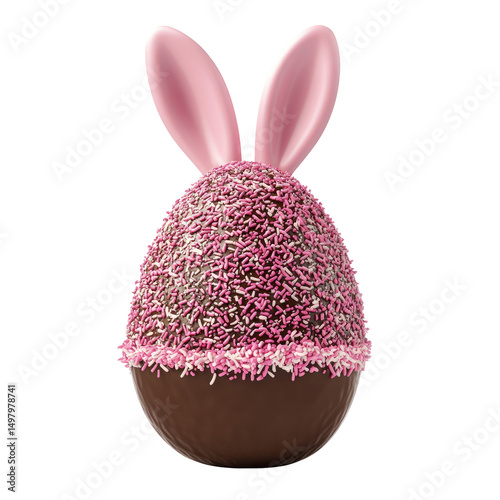 A chocolate egg, coated in pink and white sprinkles, topped with two upright pink bunny ears.  The egg is dark brown, smooth and glossy. The ears are soft and plush-looking
