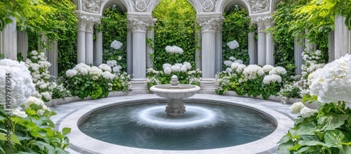 Ornate Fountain Garden with Hydrangeas