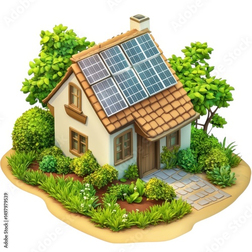 Charming cottage with solar panels and lush garden isolated on white background
