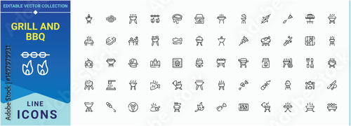 Grill And Bbq icon collection. Includes symbols for grill, barbeque, barbecue, grilled, butcher, bbq and more. Barbeque icon set. Trendy minimal icons. Vector illustration.