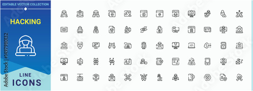 Hacking icon set. Attack icon. Related to hack, cyber, crime, fraud, attack, hacker and more. Editable stroke. Pixel Perfect.
